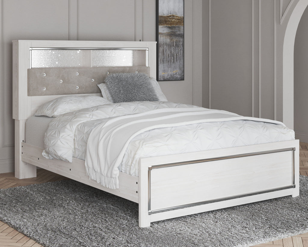 White queen bed footboard with drawer front and inset panel, tufted headboard