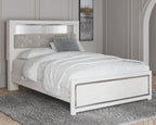 White queen bed footboard with drawer front and inset panel, tufted headboard