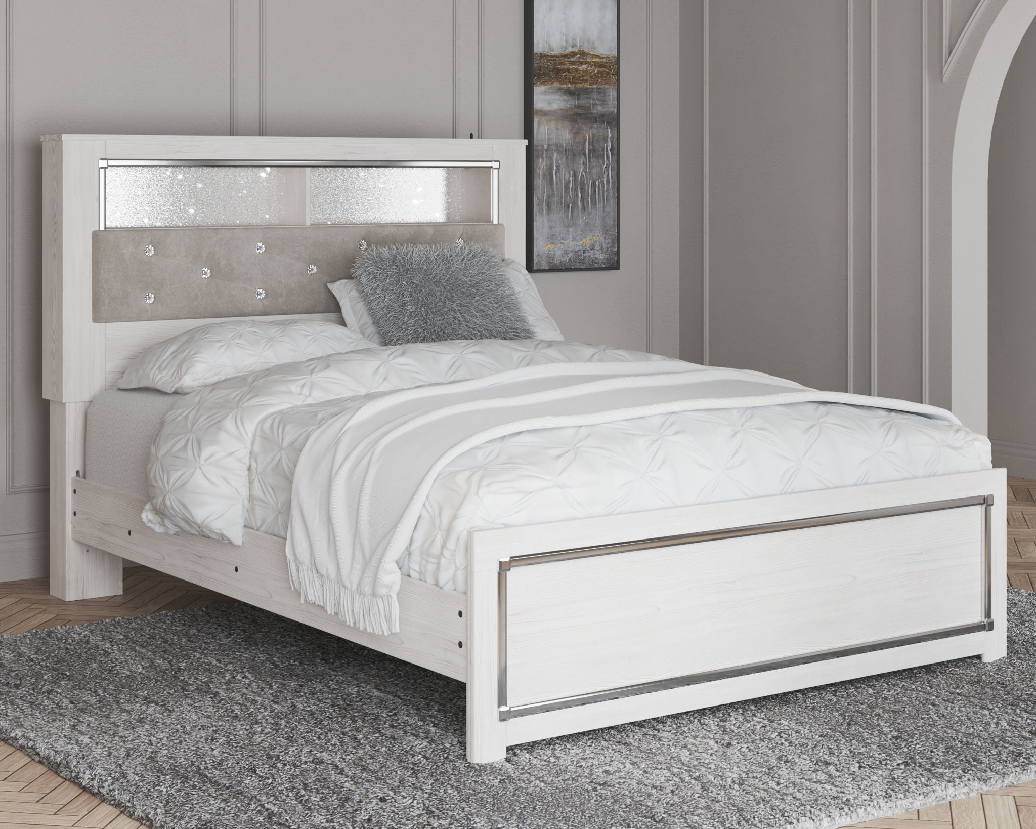 White queen bed footboard with drawer front and inset panel, tufted headboard