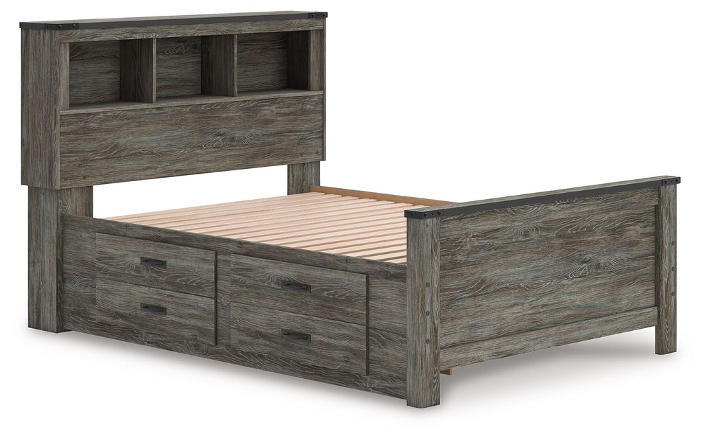 Gray bookcase panel bed with two storage drawers, slatted base, and open-shelf headboard.