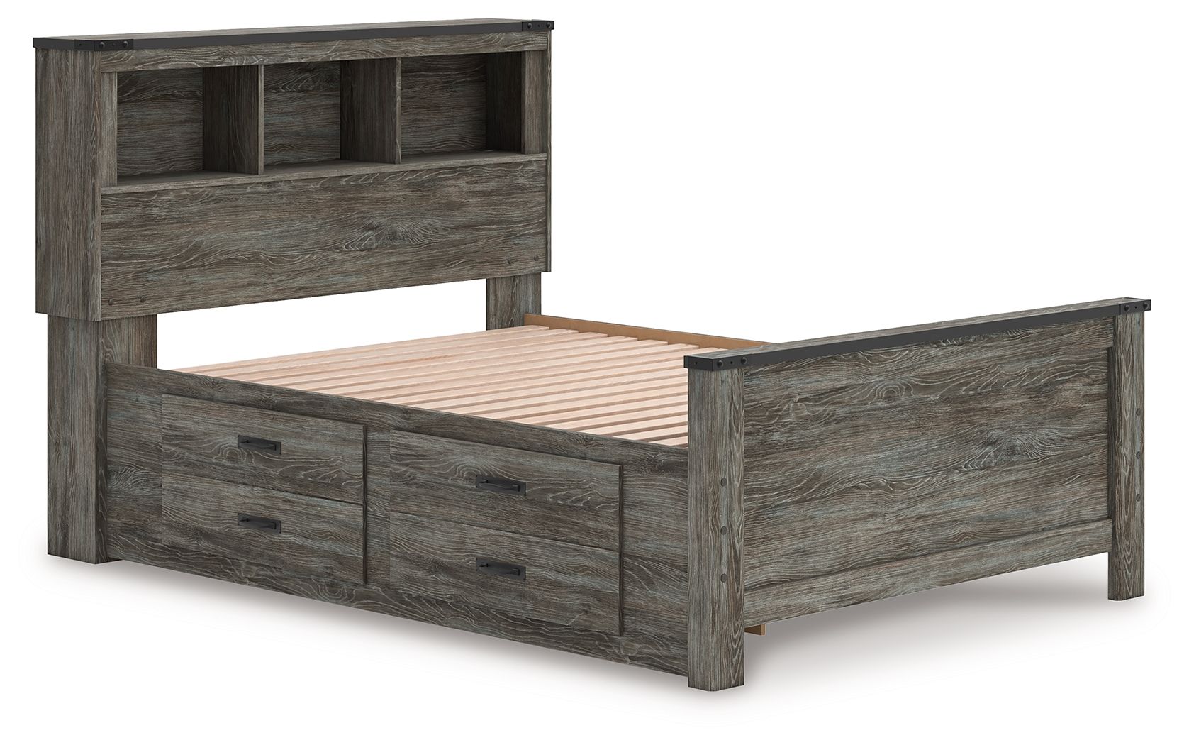 Gray bookcase panel bed with two storage drawers, slatted base, and open-shelf headboard.