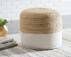 Round pouf with woven tan top and light gray base, soft braided fabric texture.