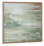 Framed abstract wall art with muted green, brown & white cloudlike layers
