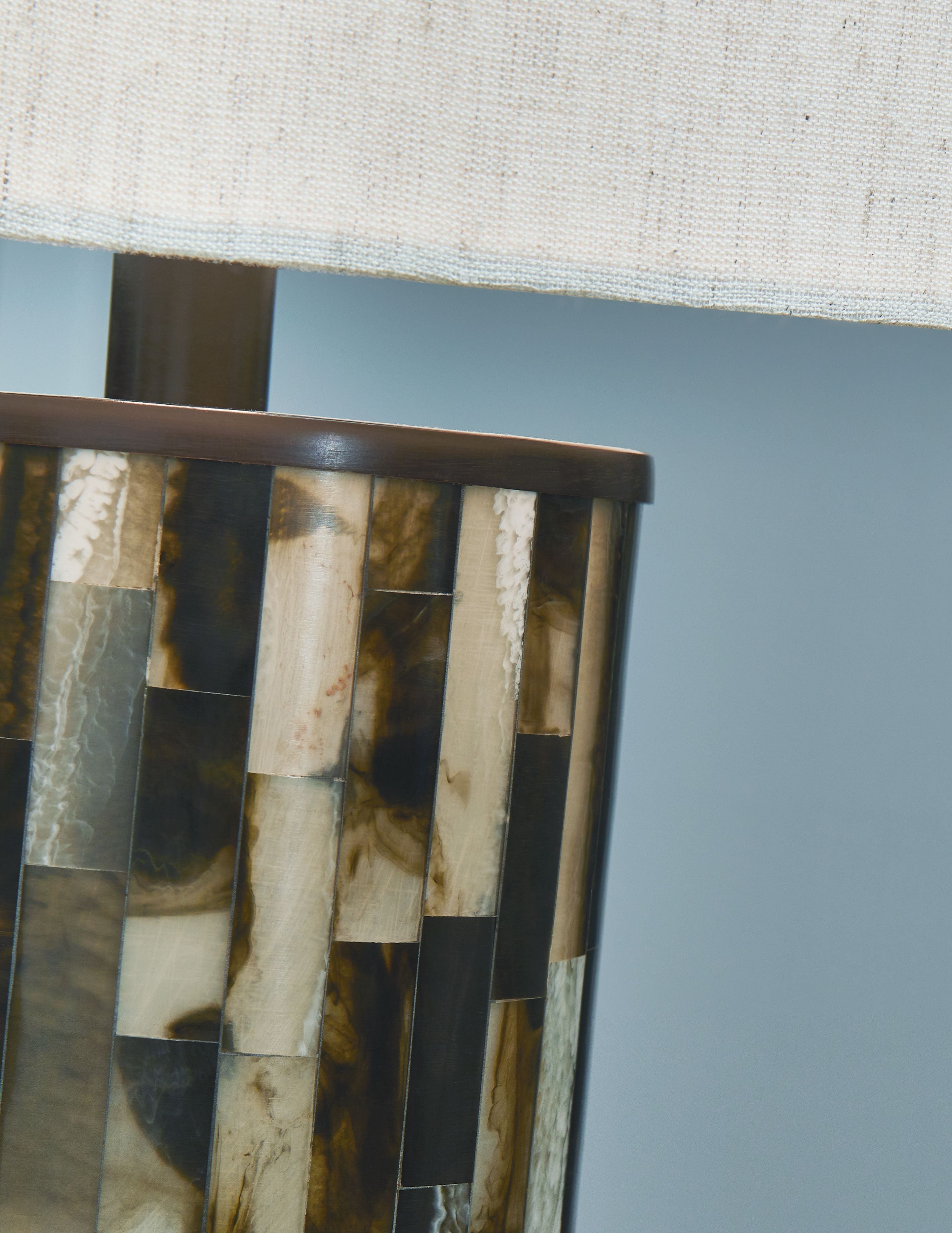 Table lamp base with black frame and mosaic-style cream and brown panels