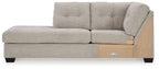 Left-arm corner chaise in light gray fabric with tufted back, boxed seat, and wooden base