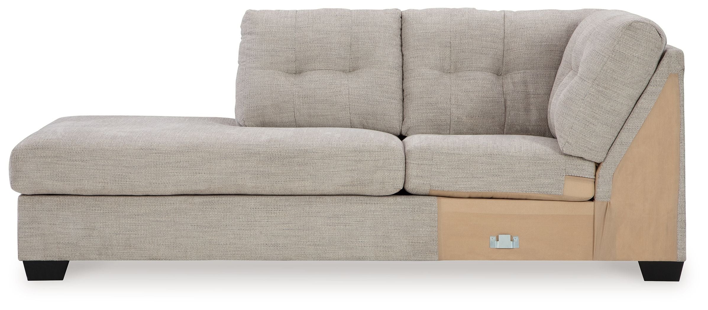 Left-arm corner chaise in light gray fabric with tufted back, boxed seat, and wooden base