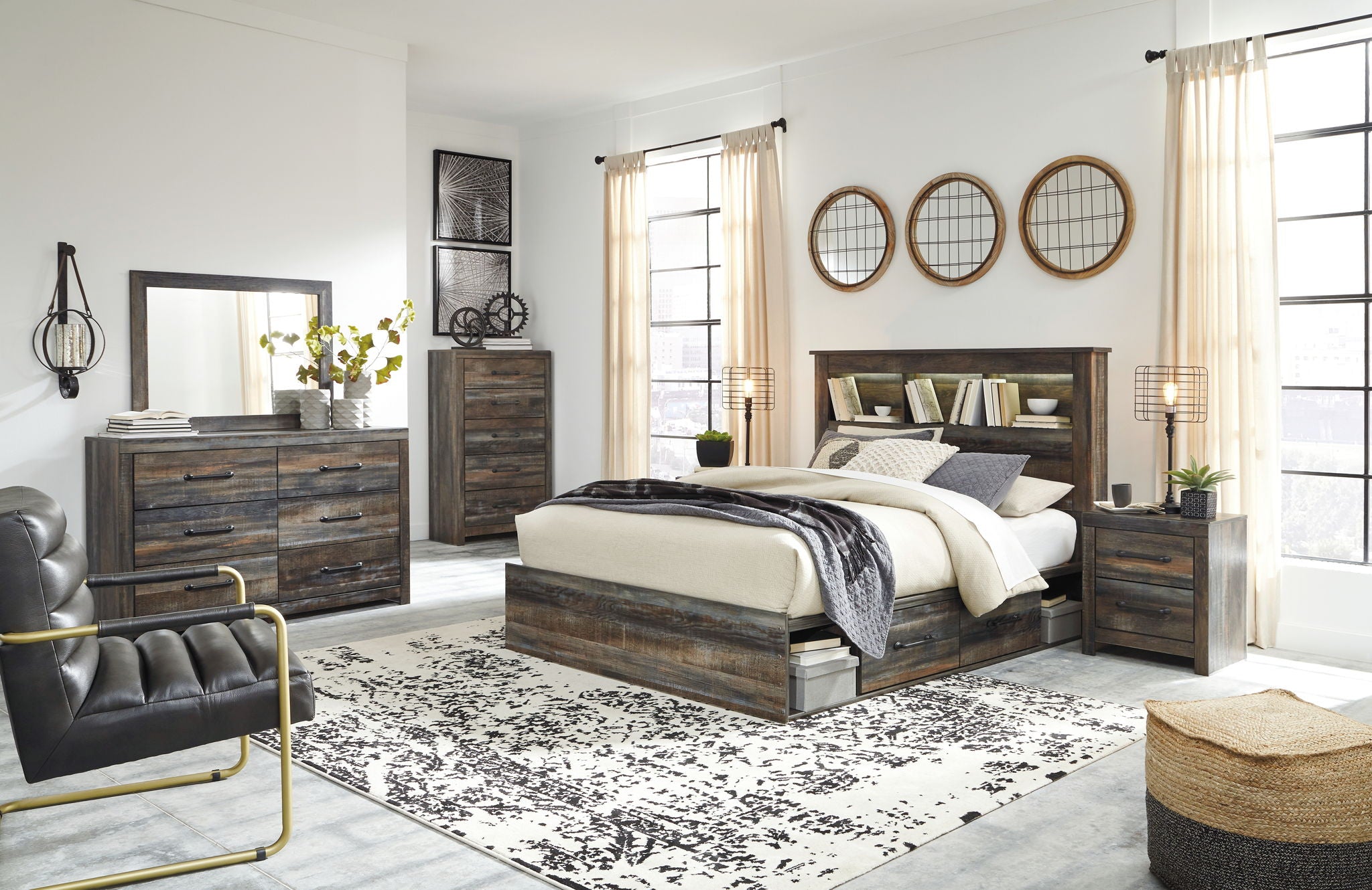 Bookcase bed with storage headboard and matching nightstands in wood finish