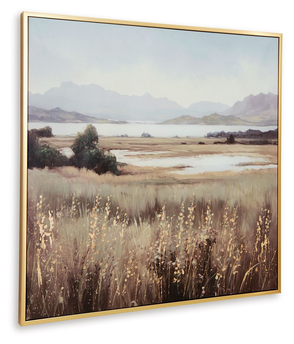 Framed landscape wall art print with wildflowers in the foreground and mountains
