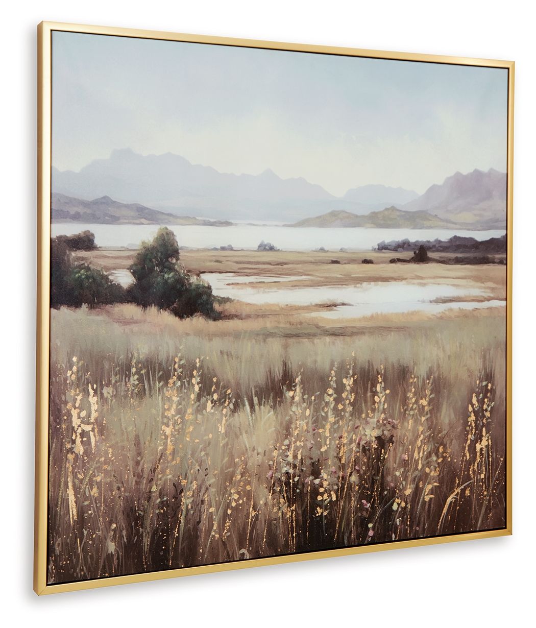 Framed landscape wall art print with wildflowers in the foreground and mountains