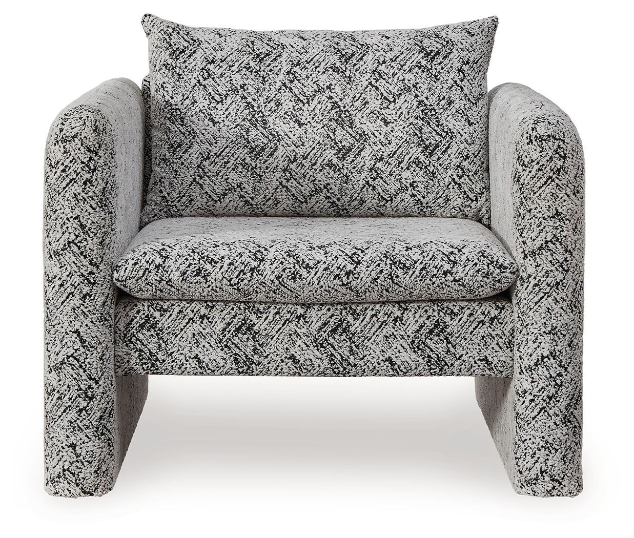 Upholstered accent chair with black-and-white woven pattern, wide arms and back