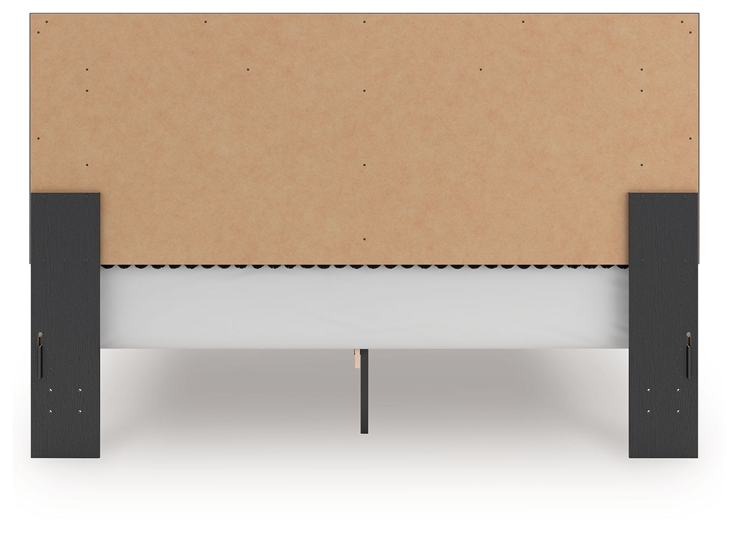 Upholstered panel platform bed footboard view, dark frame legs with upholstered panel