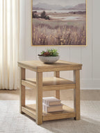 Natural wood rectangular end table with open shelf and solid square legs