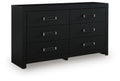 Black six-drawer dresser with six drawers and silver bar pulls, front view.
