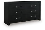 Black six-drawer dresser with six drawers and silver bar pulls, front view.