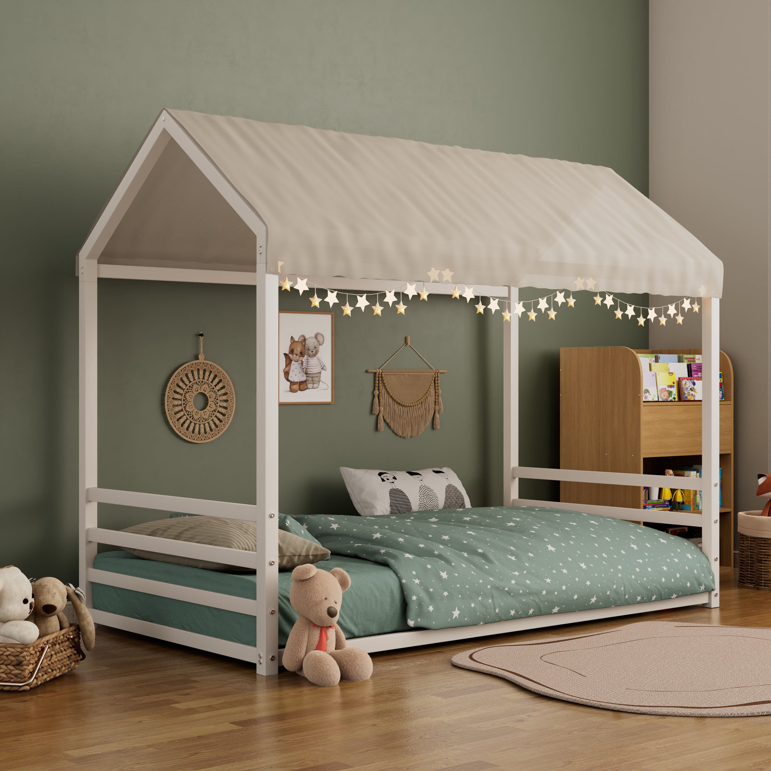 Twin Size Montessori Metal Floor Bed Frame - House Shaped w/ Guardrails, White