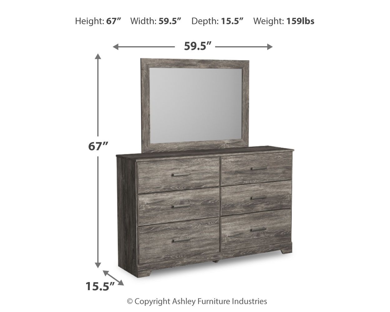 Gray dresser with mirror, 67H x 59.5W x 15.5D, six drawers