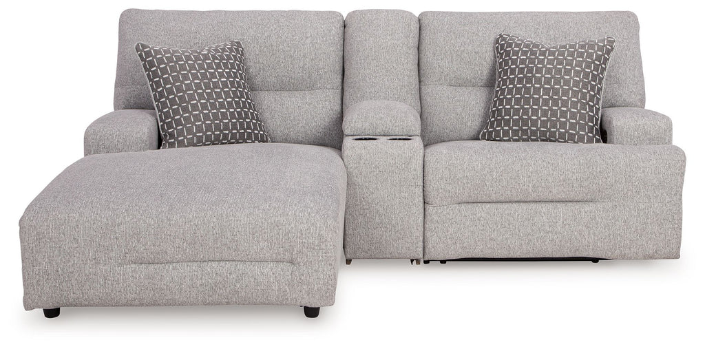 Pewter power reclining sectional sofa with two accent patterned pillows and chaise seat