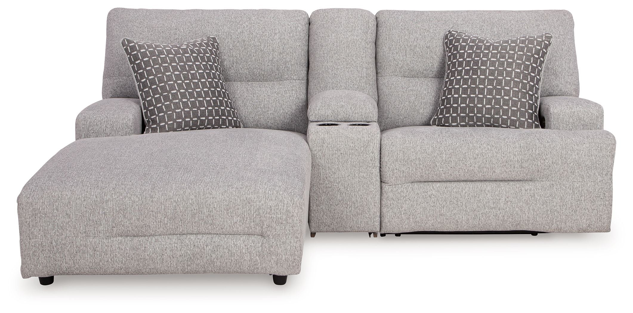 Pewter power reclining sectional sofa with two accent patterned pillows and chaise seat