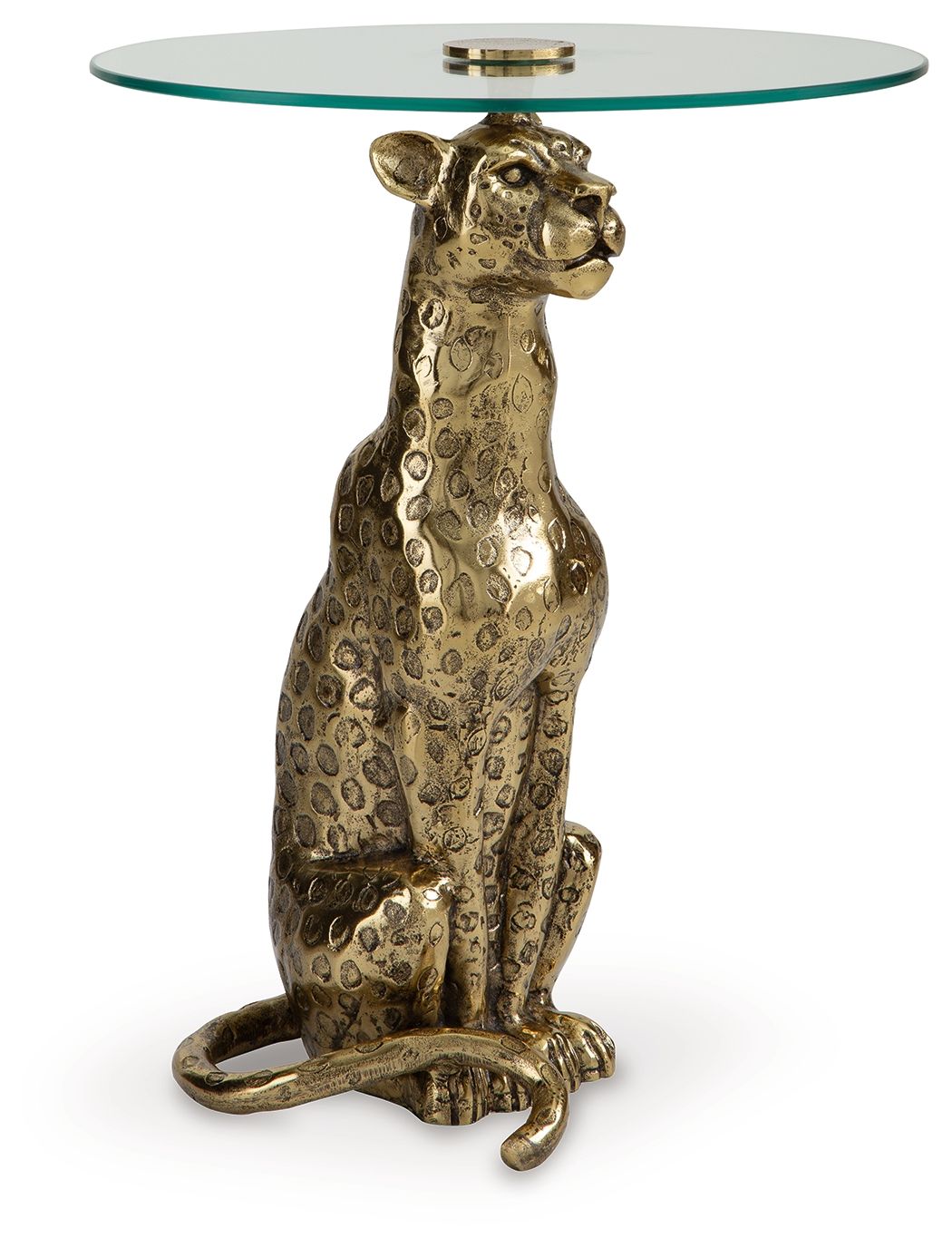 Accent table with round glass top and antique gold animal statue base