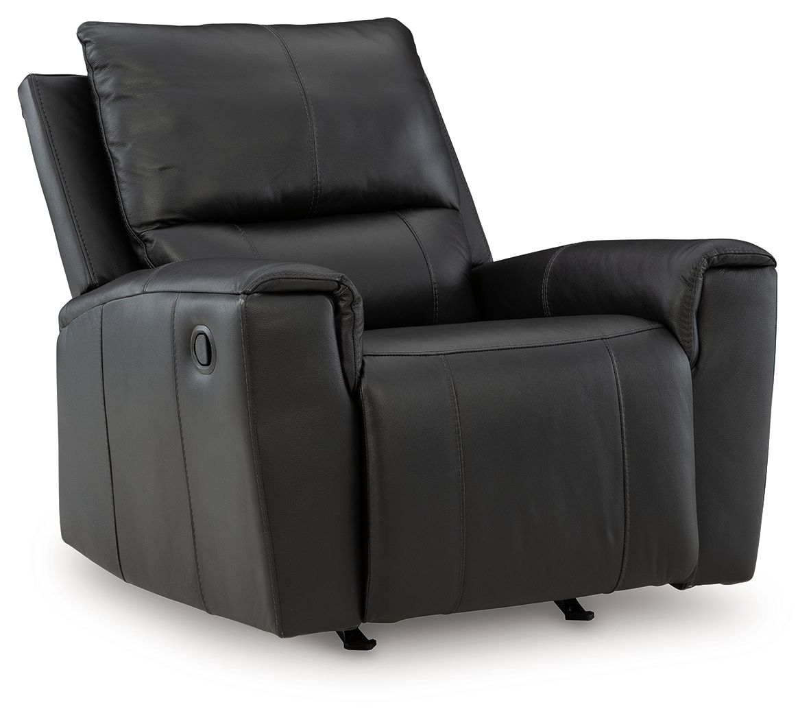 Black leather-look rocker recliner chair with padded arms and tall backrest