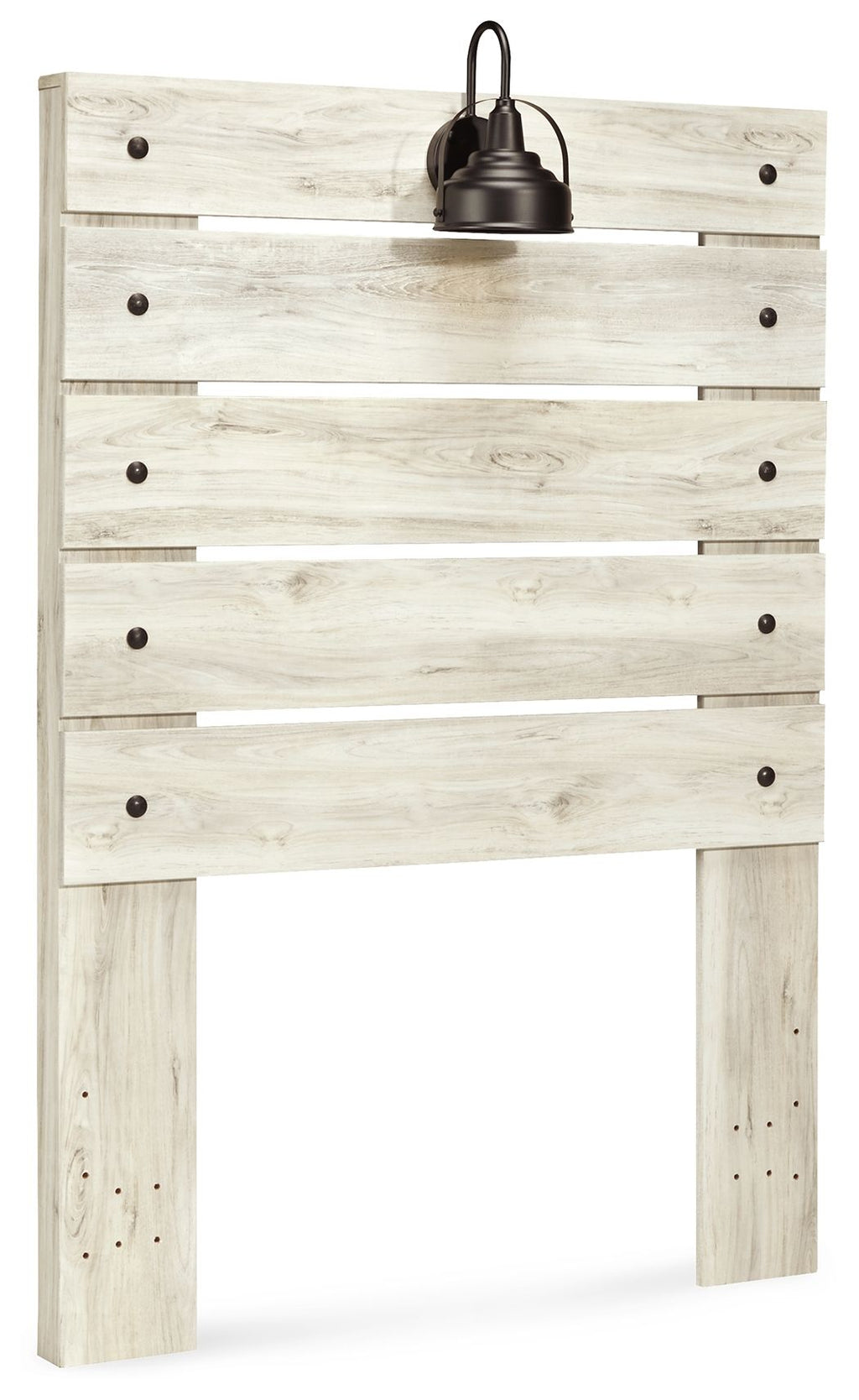 Beige panel headboard with horizontal plank panels and centered black lamp