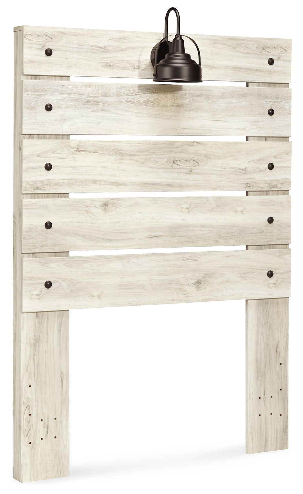 Beige panel headboard with horizontal plank panels and centered black lamp