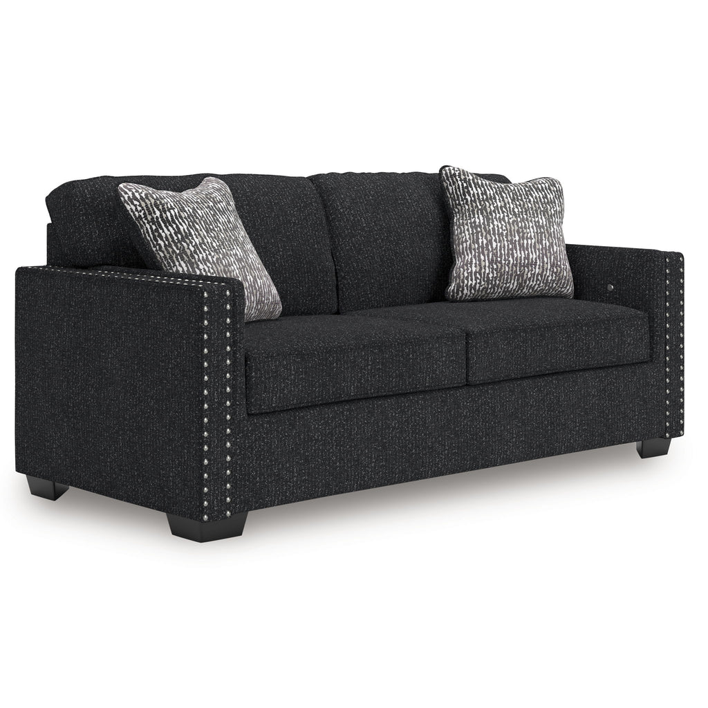 Coal fabric sofa with nailhead-trimmed arms and two heather gray throw pillows