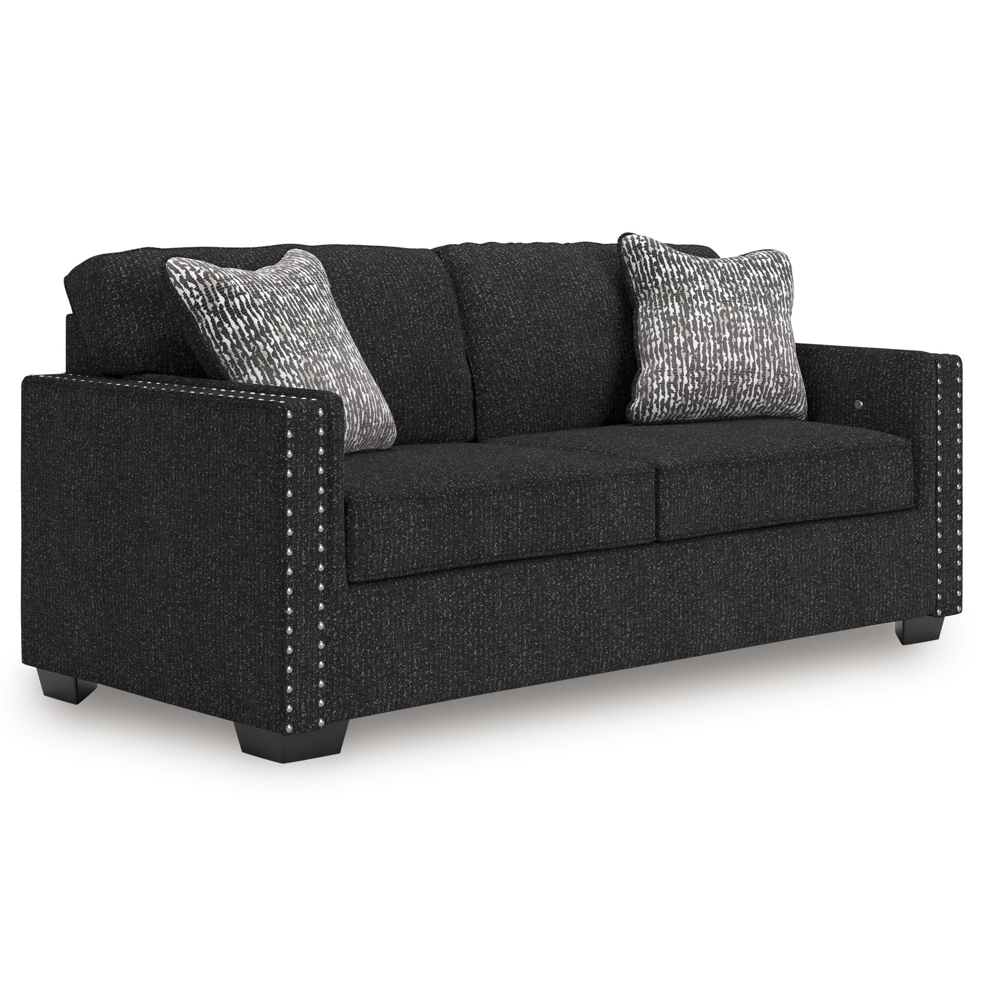 Coal fabric sofa with nailhead-trimmed arms and two heather gray throw pillows