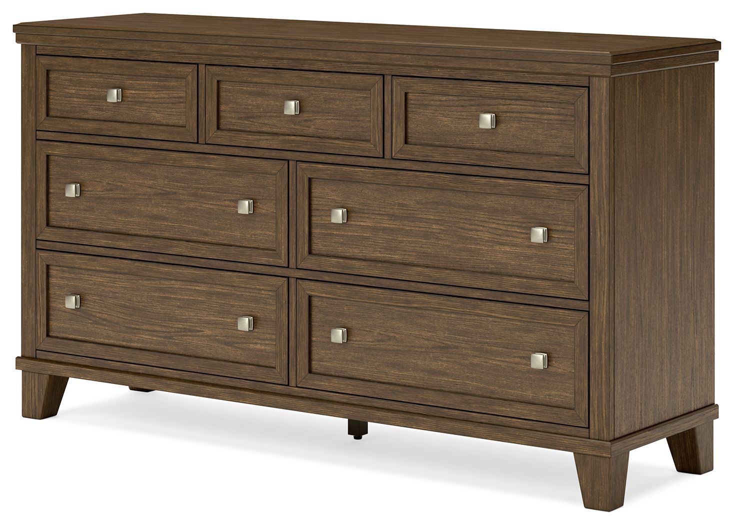Medium brown wood dresser front view with nine drawers and silver knob hardware