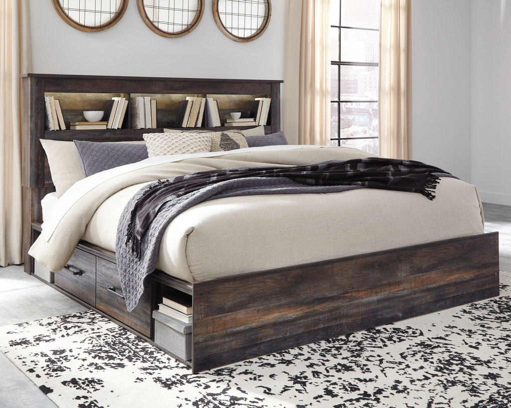 Panel bookcase bed with under-drawer storage, dark wood frame, layered bedding and throw