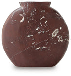 Round dark red-brown ceramic vase with prominent white distressed patches