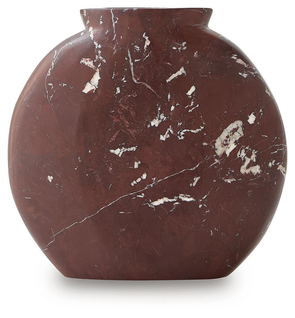 Round dark red-brown ceramic vase with prominent white distressed patches