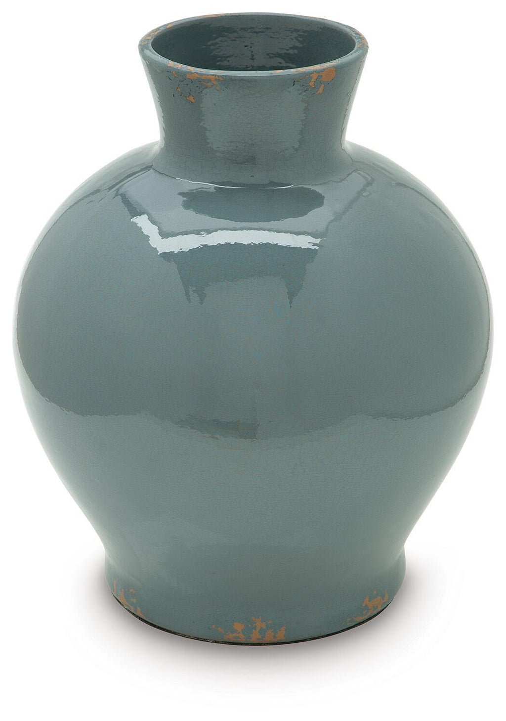 Blue ceramic vase with glossy finish, rounded silhouette, and orange speckled base accents