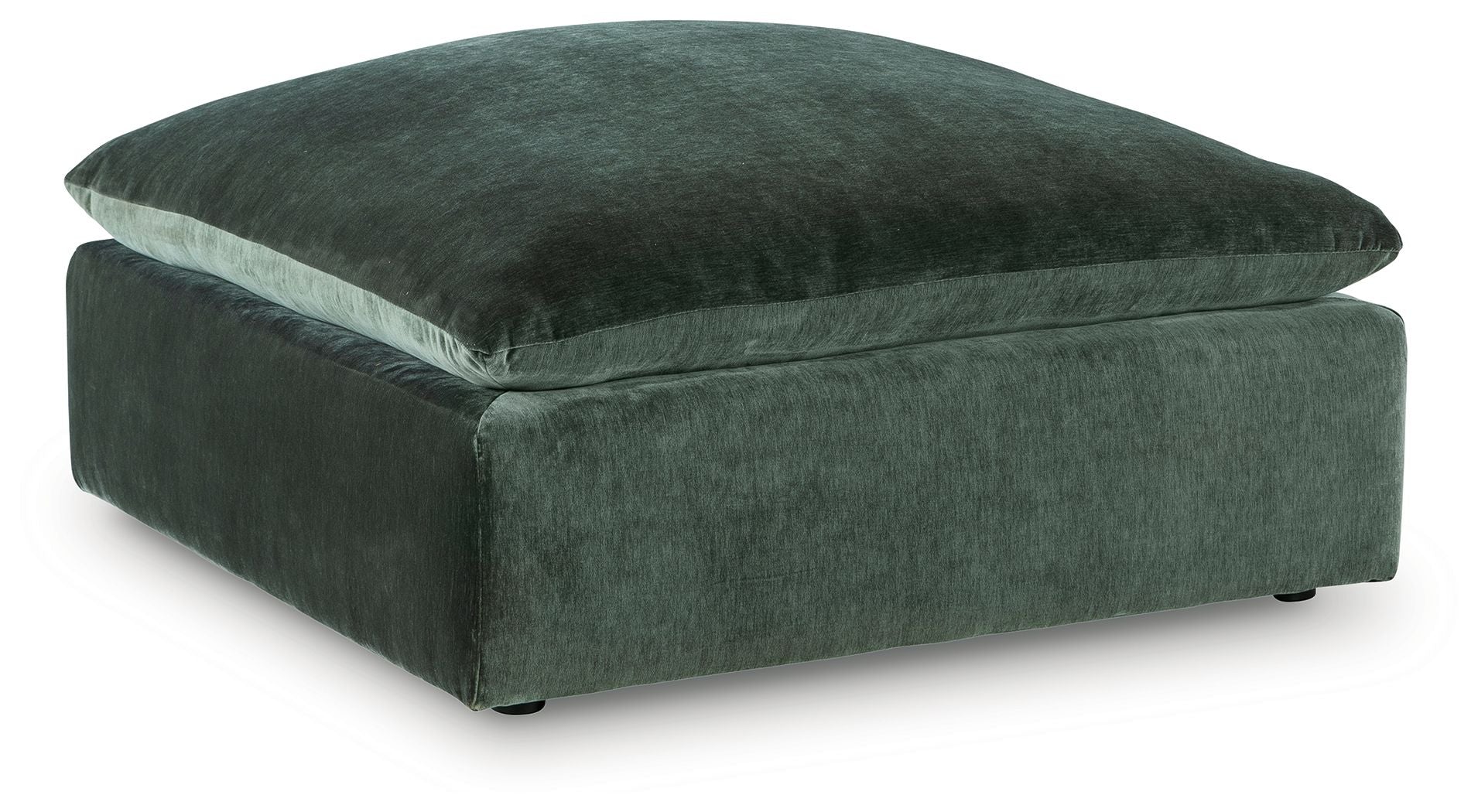 Jade green upholstered ottoman with square base and domed seat cushion