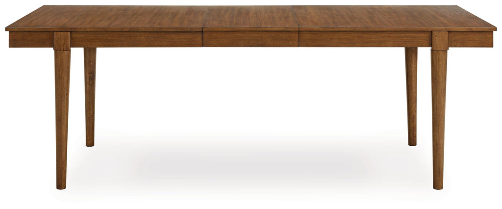 Brown rectangular extension dining table with segmented wood top and four straight legs
