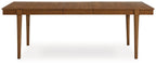 Brown rectangular extension dining table with segmented wood top and four straight legs