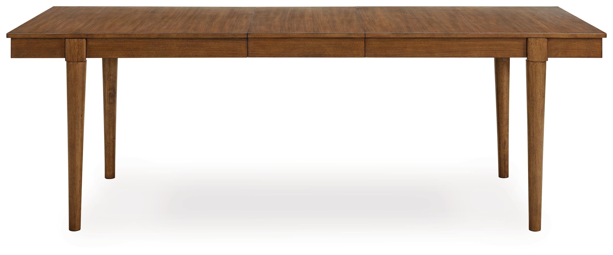 Brown rectangular extension dining table with segmented wood top and four straight legs