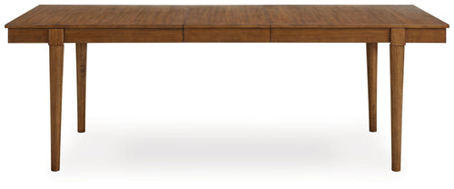 Brown rectangular extension dining table with segmented wood top and four straight legs
