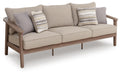 Gray fabric sofa with 2 back cushions, 2 striped throw pillows, and arm cushions