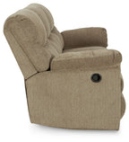Taupe fabric recliner chair with rounded arms and circular control detail