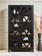 Black accent cabinet with X-pattern doors and multiple shelves