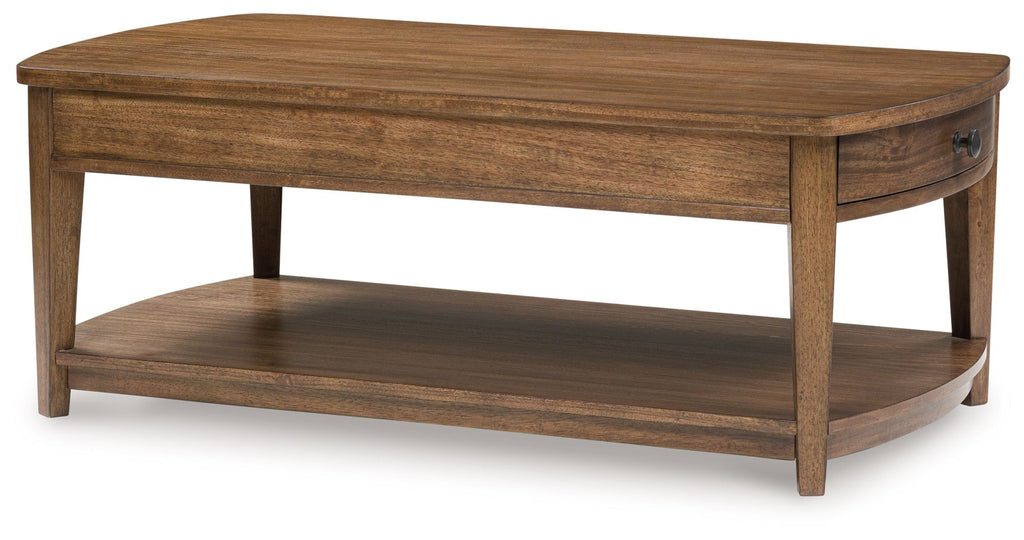 Light brown rectangular wooden end table with lower shelf and rounded corners.