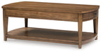 Light brown rectangular wooden end table with lower shelf and rounded corners.