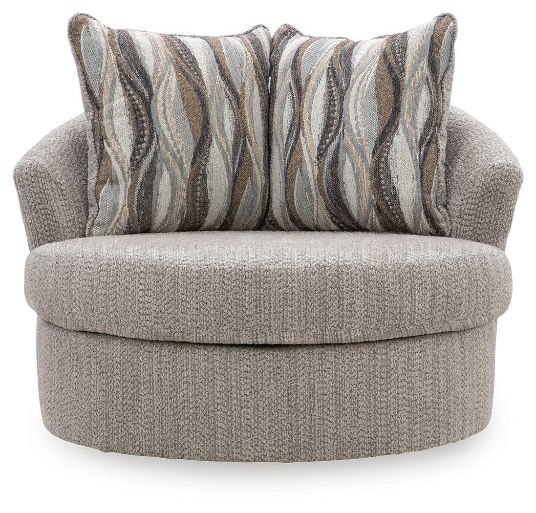 Gray swivel accent chair with rounded arms and two striped throw pillows