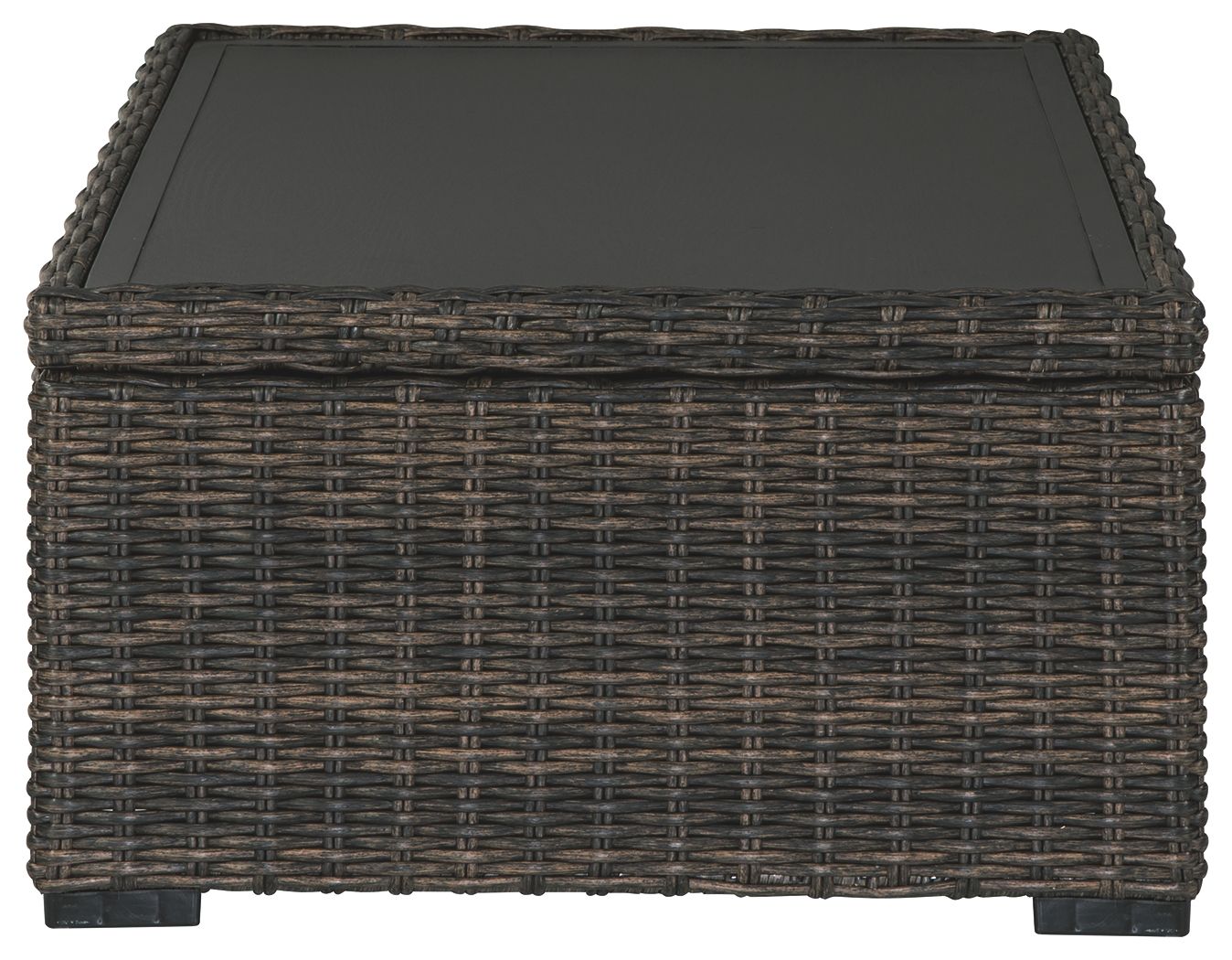 Rectangular brown wicker cocktail table with black tabletop and flat base