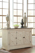 Dining table set: light wood server cabinet with paneled doors and diamond accents