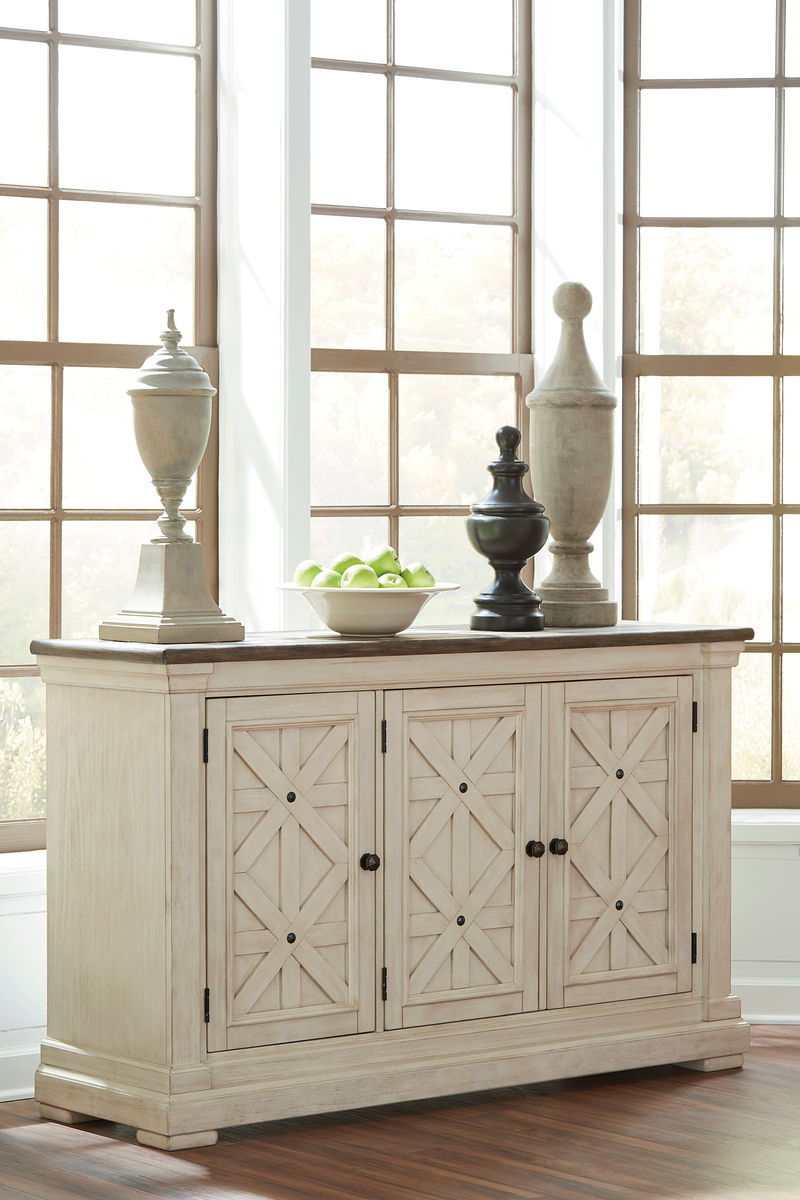 Dining table set: light wood server cabinet with paneled doors and diamond accents