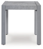 Gray square table with stone-look top and open underside framed by four legs