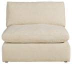 Linen armless chair in light beige linen with rounded back and deep seat cushion