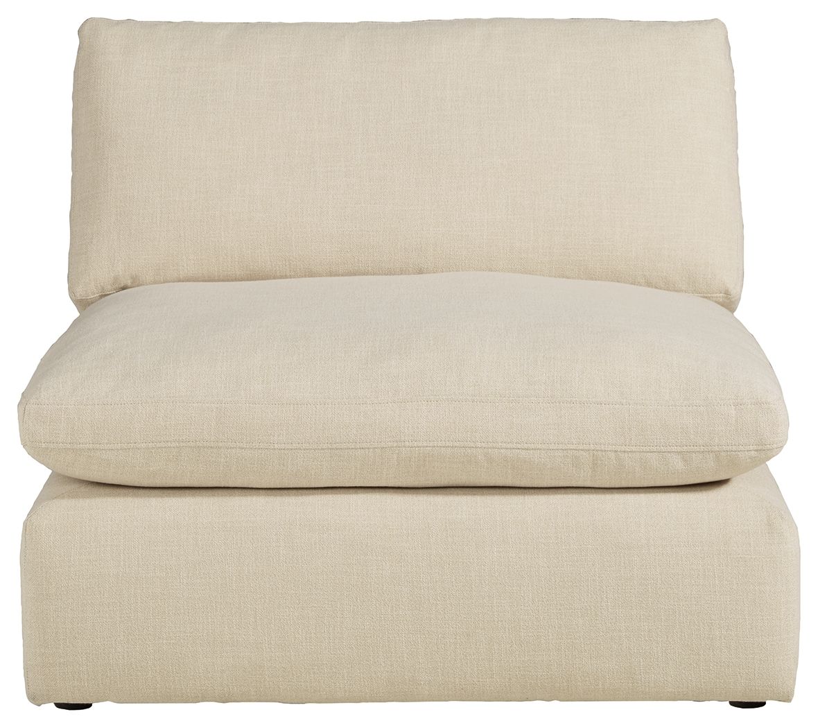 Linen armless chair in light beige linen with rounded back and deep seat cushion